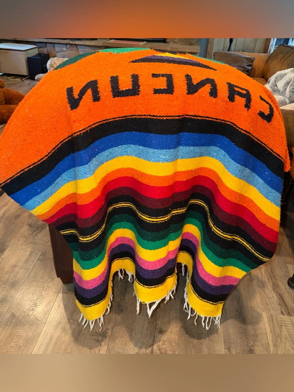 Vintage Hand Woven CANCUN Mexico Rainbow Blanket Throw Eagle Snake 80” X 50” Vtg